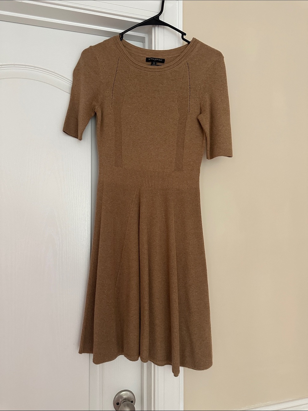 Banana Republic Camel Knit Short-Sleeve Fit-and-Flare Midi Dress